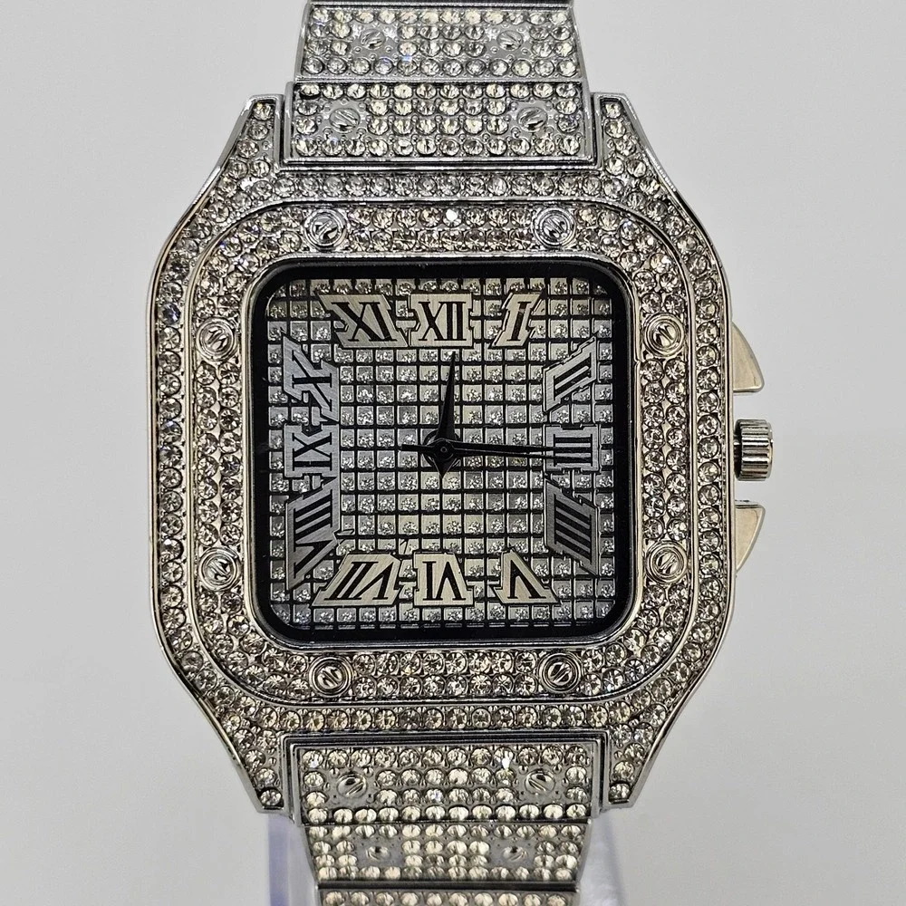 Men's Ice Out Square Watch 41MM Gray Dial Gray Bracelet Band 8